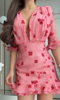 Pink Floral Printed Ruffle Hem Mini Dress Women Deep V-neck Puff-sleeve High Waist Bodycon Dress 2026 Lady Cocktail Party Wears