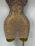 Women Sexy Mesh See Through Mini Dress Luxury Rhinestones Stage Costume Singer Dancer Nightclub Evening Party Birthday Dresses