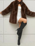 Luxury Faux Fur Shawl Lapel Midi Coat for Women Long Sleeve PU Leather Tie Waist Belt for Winter Daily Party Going Out Wear