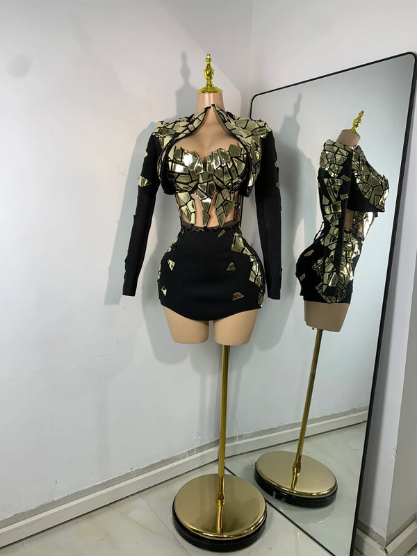 Sparkly Sequined Mirrors Technological High Street Short Summer Three Pieces Dress Sexy Stage Women Outfit Singer Show Wear