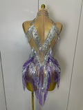 Women Sexy Stretch Mesh Sparkly Rhinestone Tassels Mini Dress Nightclub Singer Dance Stage Costume Evening Gowns