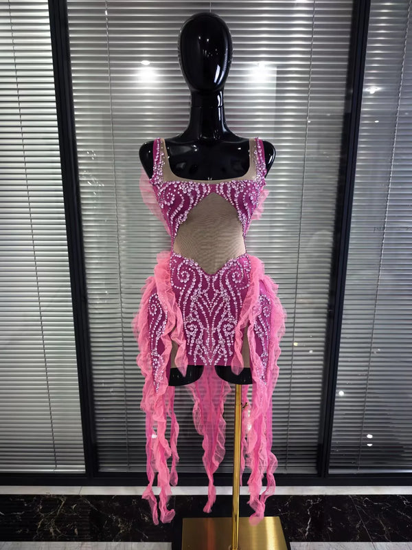 Pink Mesh Ruffles Women Sleeveless Sexy Shining Rhinestones Bodycon Mini Dress Celebrate Bar Singer Birthday Photoshoot Wear
