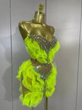 Sexy Sparkly Diamonds Strapless Mesh Ruffled See Through Mini Dress Women Eveing Party Birthday Nightclub Bar Stage Show Costume
