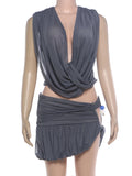 Sexy Fashion 2 Piece Set Woman Ruched Swing Collar Backless Crop Tops+Beads Decoration Mini Skirts Elegant Outfits