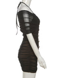 Y2K Mesh Halter Dress Women Sexy Ruched Patchwork Pleat Lace-Up V-Neck Button Elegant Peach Hip Stretch Slim Bodycon