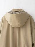 Women Khaki Hooded Cropped Zip‑up Jacket Faux Two‑inner Plaid Fabric Drawstring Bottom Coat Lady Autumn Casual Commute Outfits