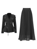 Elegant Blazer Pleated Skirt Sets Women Bow Single Breasted Back Lace Up Jacket Coats Mini Skirts Two Piece Set 2026 Lady