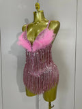 2026 New Sexy Nightclub Bar DJ Performance Dancer Stage Costume Sparkly Rhinestones Feathers Tassels Mesh See Through Bodysuits