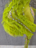 Luxury Green Sheer Mesh Ruffle Dress Neck Crystal Rhinestone Trim Cut Out Slim Fit Evening Wedding Guest Cocktail Party Dress