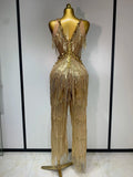Women Sparkly Glod Rhinestones Sequined Fringe Jumpsuit Sexy Nightclub Party Birthday Outfit Show Singer Stage Perform Costume