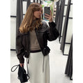 Elastic Drawstring Leather Jacket Zipper Stand Collar Long Sleeved Short Jackets Lady 2026 Autumn Women Chic Street Outerwear