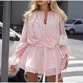 Elegant 3D Flower Cascading Ruffles Short Dress Women Loose Solid Lace Up Full Flare Sleeve Dresses Summer Lady Chic Robes