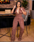 Sexy Deep V-neck Party Woman Jumpsuits Zipper Pocket Turn Down Collar Skinny Night Club Outfits One Piece Jumpsuit