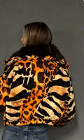 Zebra Print  Fur Collar Puffer Jacket Womens Button Down Trendy Warm Coat Fall Winter Party Club Streetwear Cozy Daily Outerwear