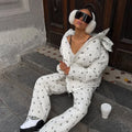 Women Floral Print Hooded Puffer Snow Suit Two Piece Outfit Thick Warm Winter Windproof Ski Jacket Wide Leg Pants Set Outdoor