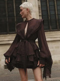 Fashion Women Ruffles Short Dress Elegant O-Neck Lace Up Lantern Long Sleeve Mini Vestido Chic Female 2025 Solid Dresses