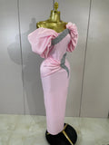Shiny Rhinestones Pleat Pink Off The Shoulder Bodycon Long Bandage Dress Celebrate Evening Party Luxury Birthday Wedding Dress
