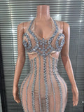 Shinning Sequins Women Sexy Halter Backless Mesh See Through Bodycon Long Dress Celebrate Nightclub Party Birthday Outfit