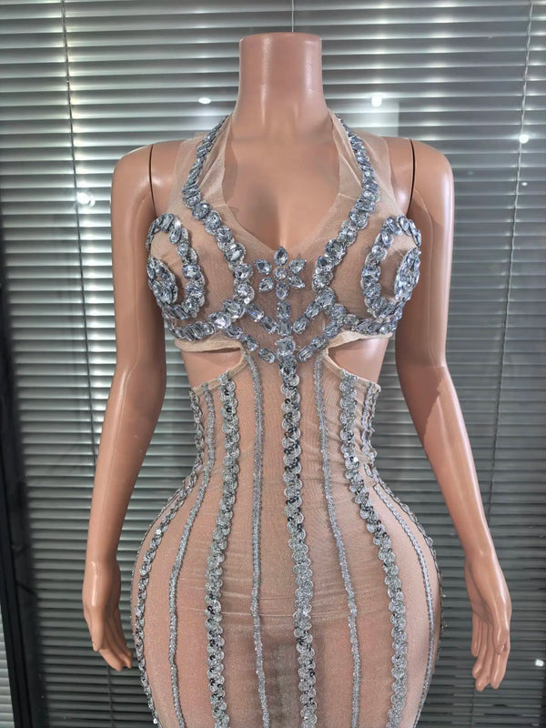Shinning Sequins Women Sexy Halter Backless Mesh See Through Bodycon Long Dress Celebrate Nightclub Party Birthday Outfit