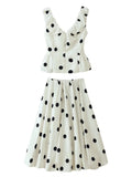 White Spliced Folds Two Piece Set Female V Neck Sleeveless Top Gentle Elegant Women's Skirt Sets Summer Fashion New