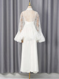 White Two Piece Set for Women Lapel Flare Sleeve Spliced Ruffles Lace Blouse High Waist Simpel Vest Dress Fairy Suit Female