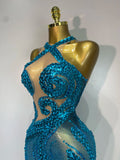 Women Luxury Blue Rhinestones Sequines Mesh Transparent Long Dress Club Evening Party Dress Birthday Photoshoot Clothing
