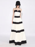 Elegant Colorblock Patchwork Bow Dresses For Women Strapless Sleeveless High Waist Formal Long Dress Female Wedding Gowns