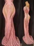 2026 Sexy Show Stage Wear Shiny Pink Rhinetones Sequins Strapless Mesh Sheer Long Dress Birthday Evening Celebrate Party Dress