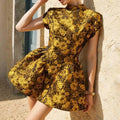 Hit Color Printing Slimming Mini Dresses for Women O Neck Short Sleeve High Waist Temperament Dress Female