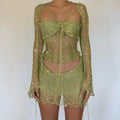 Glitter Sequins Knitted Skirt Sets Women 3 Piece Outfit Vacation Festival Clothing Sheer Top and Mini Skirt Matching Sets