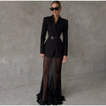 Elegant Solid Blazer Skirt Set Women Slim One Button Suit Jacket Pleated See Through Fishtail Skirts Spring Lady Party Suit