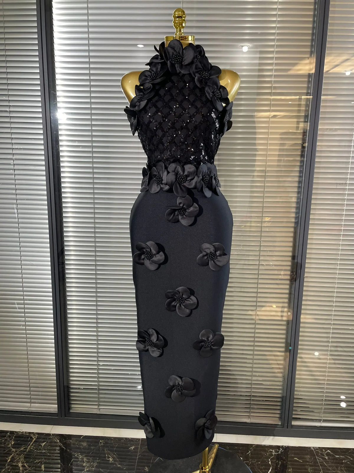 Black Red Women Shining Sequins Florals Sexy O-Neck Bodycon Bandage Long Dress Evening Party Christmas Birthday Outfit
