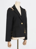 Chic Spliced Metal Pin Slimming Blazer for Women Notched Collar Long Sleeve Patchwork Mesh Hollow Out Fashion Jacket Female