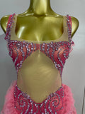 Sexy Mesh Ruffle See-Through Pink Mini Dress Women Sparkly Rhinestone Evening Gown Show Girl Night Club Star Performance Costume