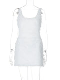 Solid Furry Dress Women Sexy Square Collar Sleeveless Zipper Backless Autumn Trend Elegant Street Party Mini Bodycon