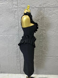 Sexy One-Shoulder Bodycon Midi Dress Women Sexy Ruffle Embellished Waist Cutout High Slit Outfit Evening Gala Party Costume