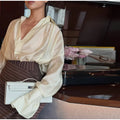 Fashion Women's See Through Blouse Long Skirt Set Lapel Deep V-neck Full Sleeve Lace Up Shirt Stripe Irregular Skirts 2026 Suit