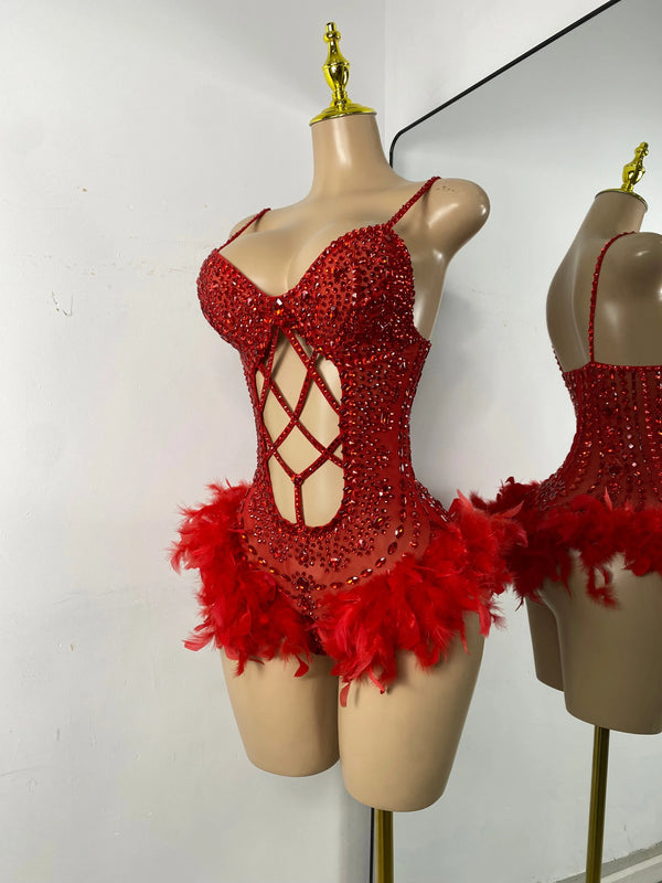 Luxury Women Sexy Shiny Crystal Feathers Hollow Out Bodysuit Nightclub Performance Dance Costume Nightclub Singer Stage Wear