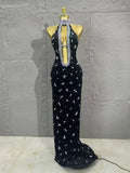 Sparkly Silver Crystal Studded Deep Cut Bodycon Satin Long Prom Gown Nightclub Dress