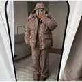 Women Winter Two‑Piece  Leopard Print Hooded Puffer Jacket Outfit Loose Cuffed Jogger Pants Warm Casual Streetwear Matching Set