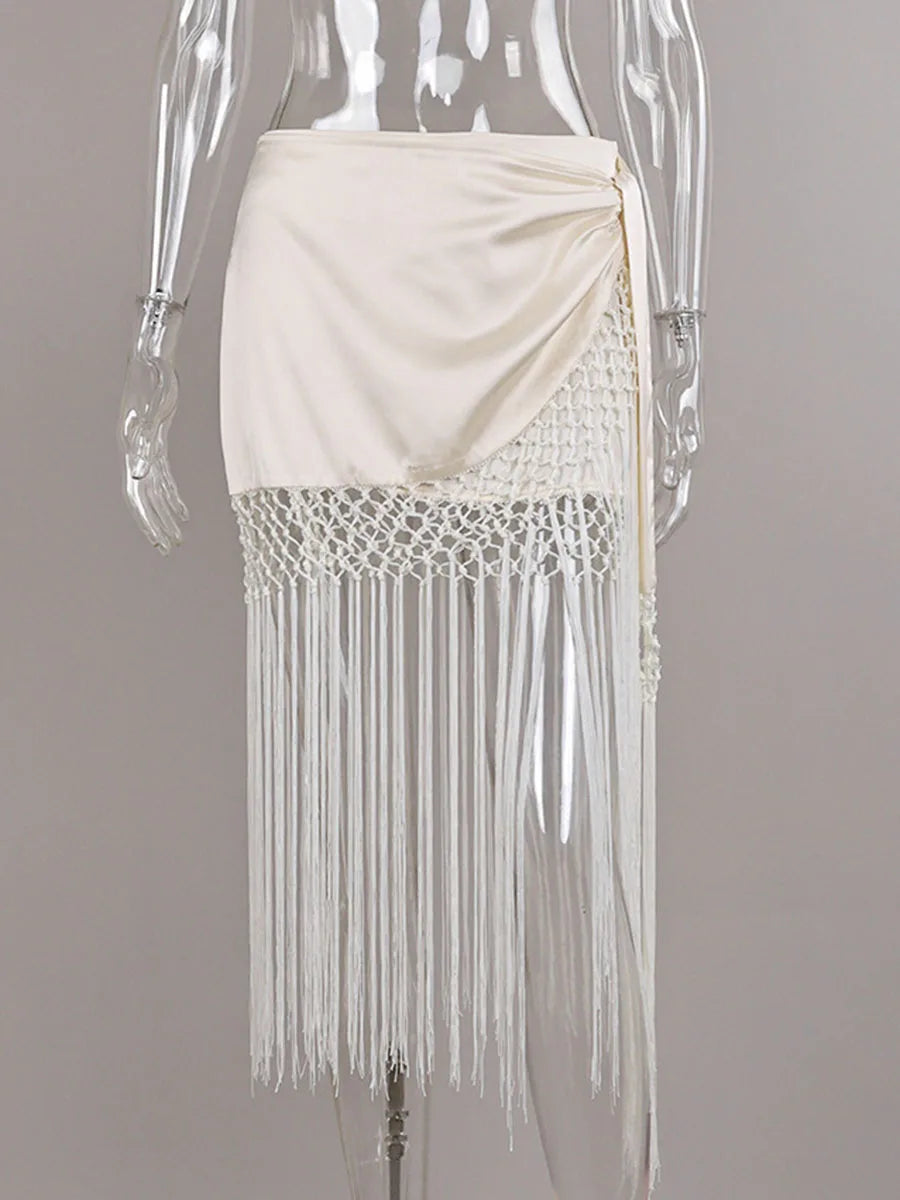 Elegant Satin Midi Women Skirts Tassel Asymmetrical Luxury Loose Long Skirt for Club Evening Party Summer Fashion