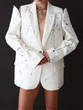 Ink Splashing Print Fashion Blazer for Women Notched Collar Long Sleeve Hollow Out Design Loose Coat Female Autumn