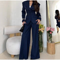 Women Solid Lapel Neck Top Pant Suit Set Elegant Full Sleeve Single Breasted Slim Coat Leg Loose Pants Suit Lady New Chic Sets