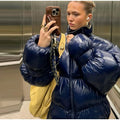 Stand Neck Glossy Surface Padded Cotton Short Coat Women Full Sleeve Thicken Pockets Jackets Coat Female Winter Chic Streetwear