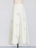 Solid Color Spliced Appliques Elegant A-line Skirt White Pink Mid-length For Women High Waist Skirt Female