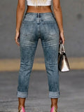 Women Skinny Jeans Ripped Chain Decor Cuffed Hem Slim Fit Streetwear Casual Fashion Denim Pants Autumn 2026 New