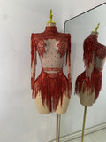 Women Sexy Long Sleeve Spandex Beading Tassels Skiny Bodysuit Performance Dance Costume Nightclub Party Outfit