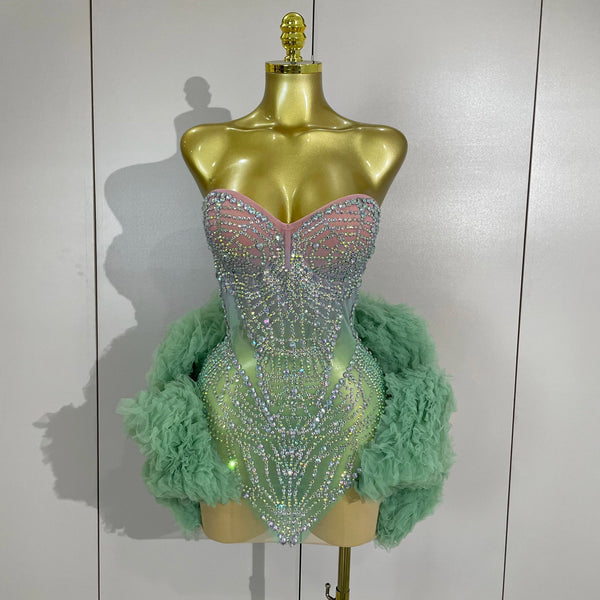 2026 New Eveing Luxury Birthday Party Singer Nightclub Stage Costume Colorful Diamonds Mesh Sexy See Through Cocktail Mini Dress