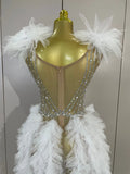Luxury Sparkly Rhinestones Pearl Fringe Tassel Bodycon Bodysuits Birthday Photo Shoot Outfit DJ Nightclub Performance Stage Wear