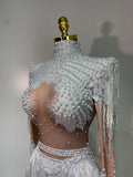 Women Long Sleeve Sexy Shinning Tassels Rhinestone Bodycon Bodysuit High Stretch Bar Dancer Nightclub Stage Wear Birthday Outfit
